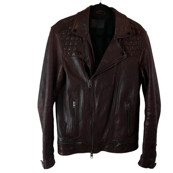 All Saints Conroy Crinkled Quilted Shoulder Leather Biker Jacket Oxblood Size M - Picture 8 of 11